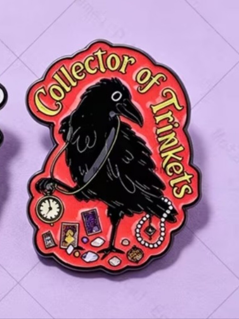 Collector of Trinkets Enamel Pin - Black Crow on Red